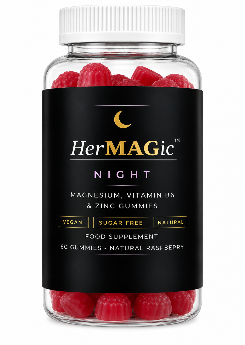HerMAGic NIGHT Magnesium Citrate Gummies with Vitamin B6 and Zinc for Women | Vegan Sugar Free | 60 Natural Raspberry Gummies | 30 Day Supply