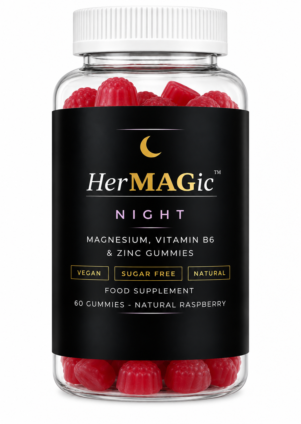HerMAGic NIGHT Magnesium Citrate Gummies with Vitamin B6 and Zinc for Women | Vegan Sugar Free | 60 Natural Raspberry Gummies | 30 Day Supply